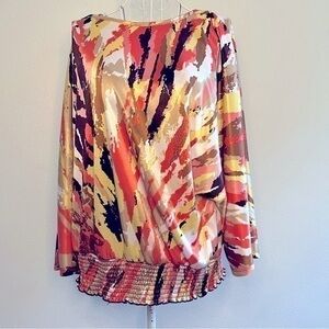 AGB top, pink/yellow/white/beige/black abstract design. Sz. XL. Preowned. EUC.